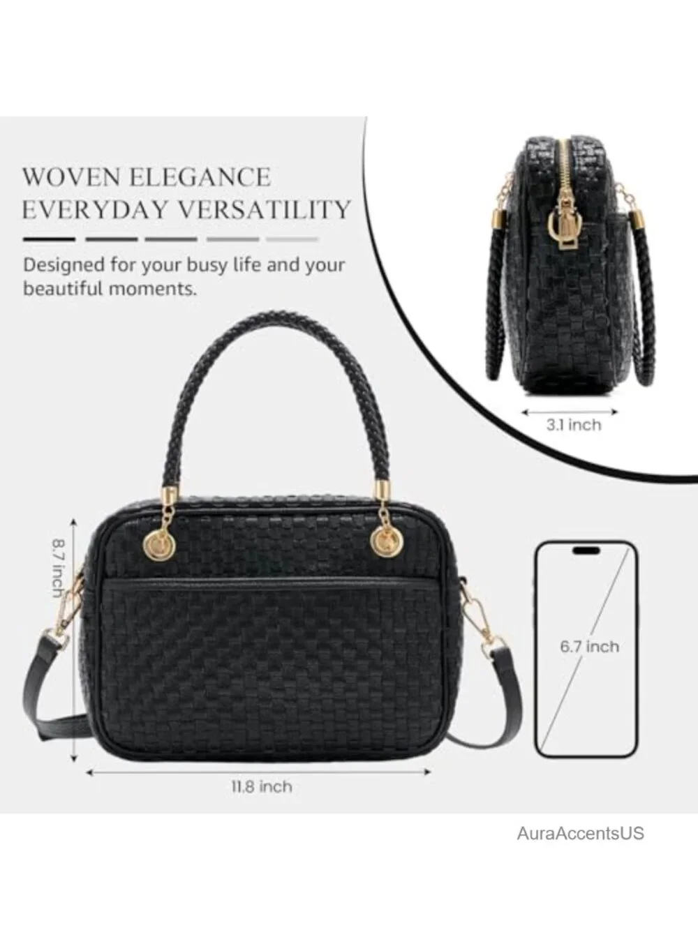 Woven Vegan Leather Crossbody Camera Bag with Braided Handle